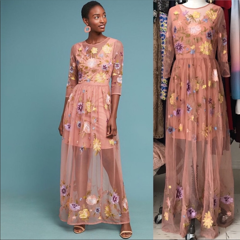 🆕NWT Anthropologie Embroidered Mesh Maxi Dress